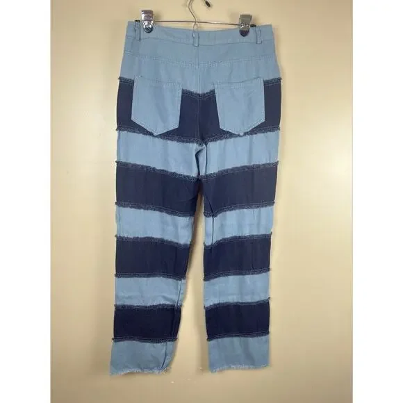 Jeans Women’s Blue Y2K Patchwork Size L High Rise Frayed Straight Leg Raw Hem - Picture 5 of 13